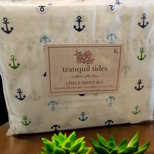 Tranquil Tides King 4 pc Sheet Set Anchors Beach Blue White Green NWT